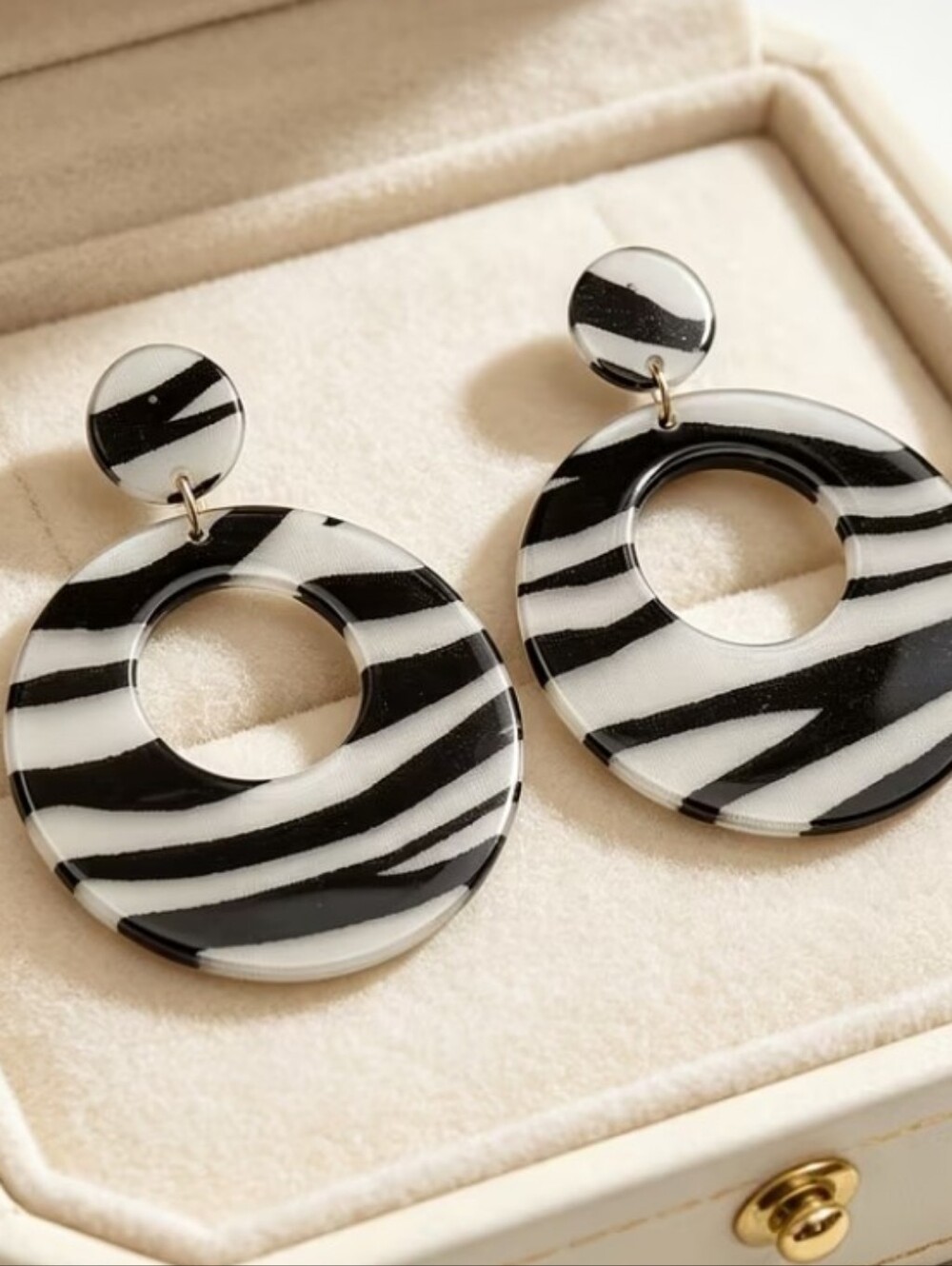 Zebra Stripe Black and White Hoop Drop Earrings